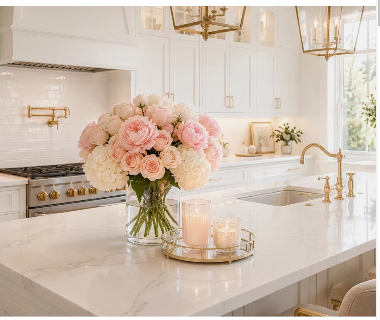 Bright, freshly cleaned white kitchen with flowers on the island