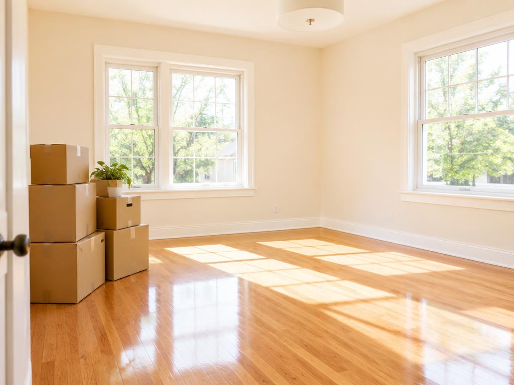 Empty bedroom with moving boxes and gleaming floors
