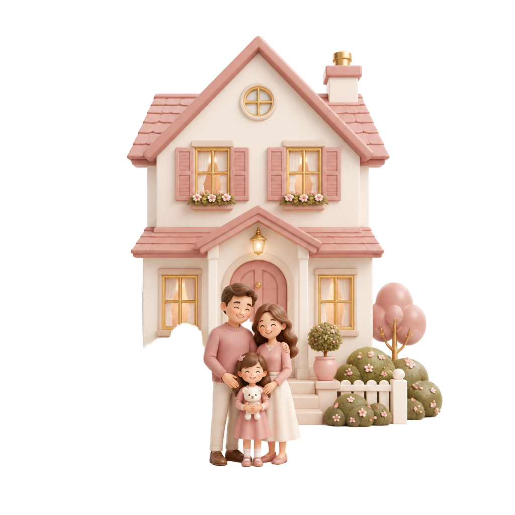 Happy family in front of a sparkling clean pink house